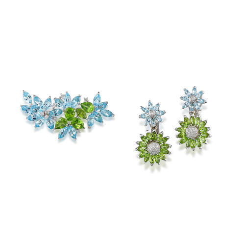 Blue Topaz, Peridot and Diamond Brooch and Pair of Pendent Earring Suite