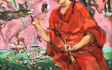 Borgen Lindhardt (1974) - Kimono meisje in rood en groen met bloemen, katjes, pijlen en hert