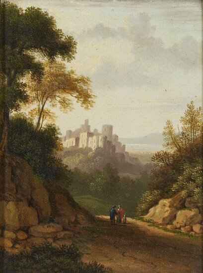 British School, late 18th / early 19th Century- An Italianate landscape with a castle and figures on a country path; oil on paper laid down on panel, 15.7 x 11.8 cm. Provenance: Private Collection, UK.