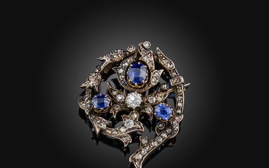 Broche victorienne en saphir et diamant, fin du 19e siècle, conçue comme une spirale feuillue,...