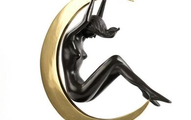 Bronze Nude Woman & Crescent Moon Art Sculpture
