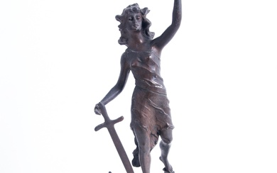 Bronze sculpture ''FEMALE FIGURE WITH TORCH AND SWORD''