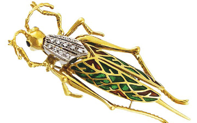 Brooch depicting a cricket in yellow gold, white...