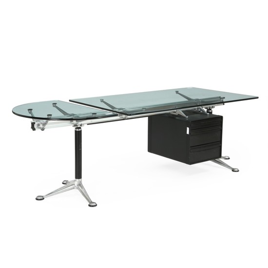 Bruce Burdich: “Burdick Group”. Desk with frame of black lacquered and stainless steel. Top with glass plates.