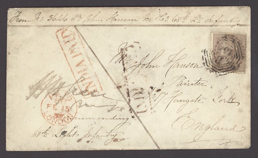 Burma Military Mail Garrison Mail 1858 (21 Dec.) soldier's envelope to England, headed "From No...