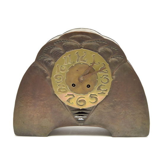 Burnished hammered copper Amsterdam School mantel clock with...