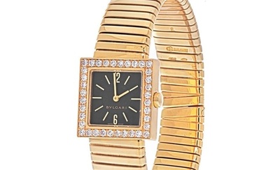 Bvlgari 18K Yellow Gold SQ 22 2T Quadrato Tubogas Diamond Bezel Watch