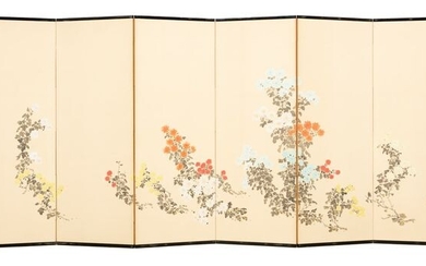 Byobu, Folding screen - Paper, Wood - Flowers - Alluring medium-sized 6-panel room divider with a vibrant painting of various chrysanthemum flowers. - Japan - Taishō period (1912-1926)