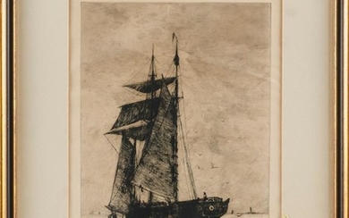 CARLTON THEODORE CHAPMAN, New York/California/Ohio, 1860-1925, A moored vessel., Etching on paper, 14.75" x 9.75" sight. Framed 21"...