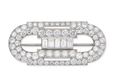 CARTIER, A FINE VINTAGE DIAMOND BROOCH, 1950S the geometric body set with a row of baguette cut