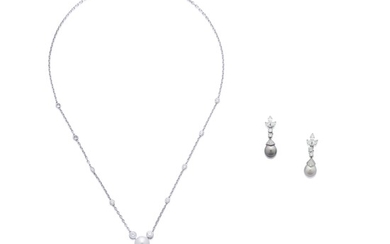 CARTIER COLOURED CULTURED PEARL, CULTURED PEARL AND DIAMOND NECKLACE AND EARRING SET