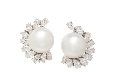 CARTIER, SOUTH SEA CULTURED PEARL AND DIAMOND CLIP EARRINGS