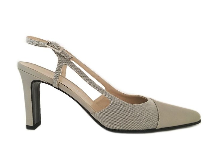 CHANEL. Grey patent leather and canvas strapped pumps....