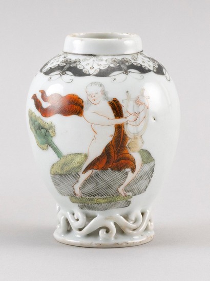 CHINESE EXPORT PORCELAIN TEA CADDY In egg form, with polychrome enamel decoration of Orpheus playing the lyre. Black butterflies aro...