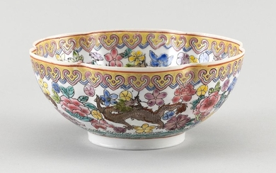 CHINESE FAMILLE ROSE EGGSHELL PORCELAIN BOWL Floriform, with decoration of five-clawed dragons and flowers on a white ground with la...