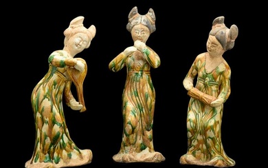 CHINESE TANG DYNASTY SANCAI GLAZED FEMALE MUSICIAN TRIO - TL tested