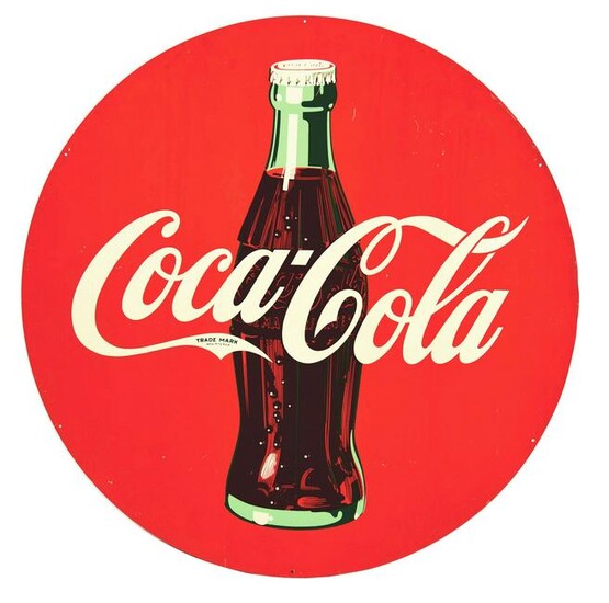 COCA COLA TIN SIGN W/ EARLY BOTTLE GRAPHIC.