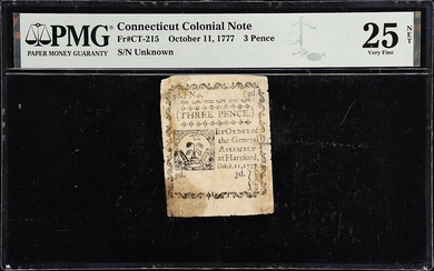 CT-215. Connecticut. October 11, 1777. 3 Pence. PMG Very Fine 25 Net. Previously Mounted, Minor Repair.