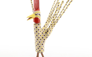Calvin Cooper Folk Art Polychrome Wooden Sculpture of Chicken, 1991