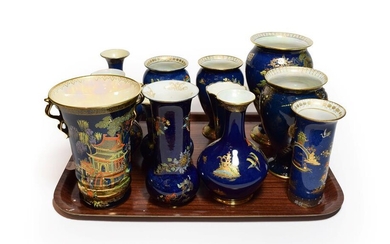 Carlton ware blue ground chinoiserie pattern lustre wares comprising various...