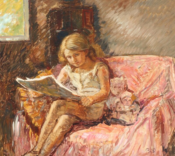 Caroline van Deurs: Interior with reading girl. Signed C.v.D. Oil on canvas. 55×62 cm.