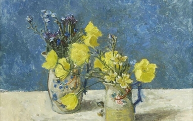 Carolyn Sergeant, British 1937-2018 - Welsh Poppies and Forget-Me-Nots, 1990; oil on board, signed with initials and dated lower left 'C.S. '90', 31.2 x 37 cm (ARR) Provenance: with The Kilvert Gallery, Clyro (according to the label attached to the...