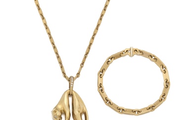 Cartier Gold and diamond pendant, 'Panthère' and a gold bracelet, Cartier, and a chain