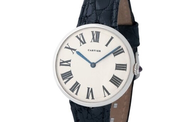 Cartier London. Elegant Ronde Wristwatch in White Gold, With Silver Big Roman Numbers Dial Bearing London Hallmarks