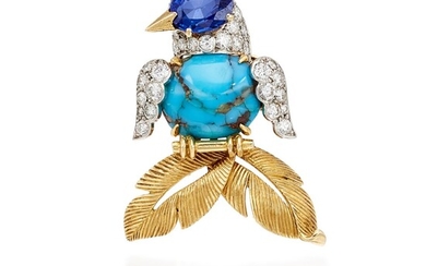 Cartier | Sapphire, Turquoise and Diamond Clip Brooch | 卡地亞 | 藍寶石 配 綠松石 及 鑽石 胸針