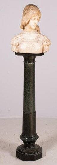 Carved Alabaster Bust, Green Marble Pedestal, 66" h