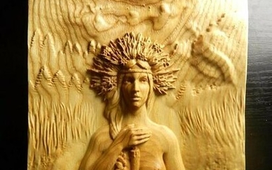 Carved Wooden Plaque, Art Nouveau Nude Bather