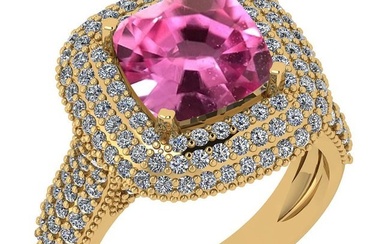 Certified 4.26 Ctw VS/SI1 Pink Sapphire And Diamond 14K Yellow Gold Ring