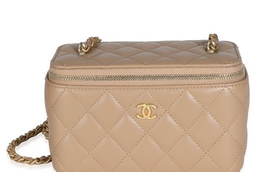 Chanel 22B Beige Quilted Lambskin Small Pearl Crush Vanity Case With Chain