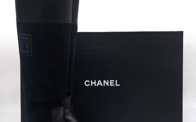 Chanel Black Fur Trimmed Knee Boots, size 40.5