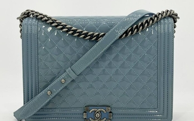 Chanel Light Blue Patent Leather Large Boy Bag