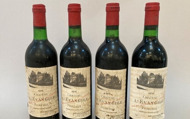 Château L'EVANGILE 1976 - POMEROL. 4 bouteilles. (Etiquettes légèrement tachées, partiellement décollées. Trois base goulot...