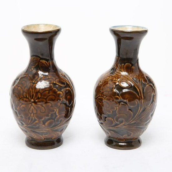 Chinese Carved & Glazed Pottery Bud Vases, Pair