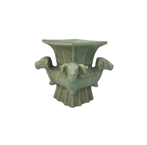 Chinese Celadon Glazed Square Four Sheep Statue