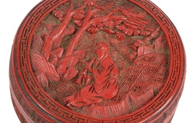 Chinese Cinnabar round box with lid, scenic medallion
