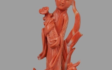 Chinese Coral Carved Figure of Court Lady With Ruyi and Phoenix