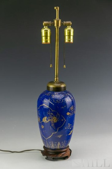 Chinese Export Blue Ground Gold Gilt Vase Lamp