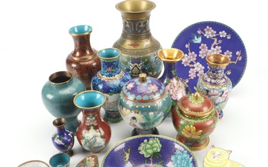 Chinese Floral Motif Cloisonné Brass Vases with More Table Accessories
