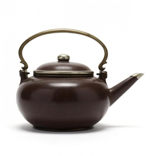Chinese Polished Yixing Teapot with Metal Mounts