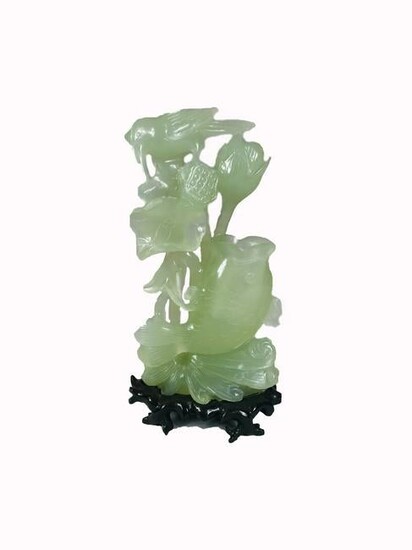 Chinese carved jade with a fish and a kingfisher, on a