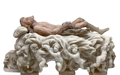 Christ on an embossed bed with cherubs