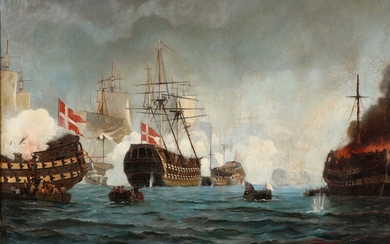Christian Mølsted: The battle of Copenhagen April 1801. Unsigned. Oil on canvas. 96×145 cm.