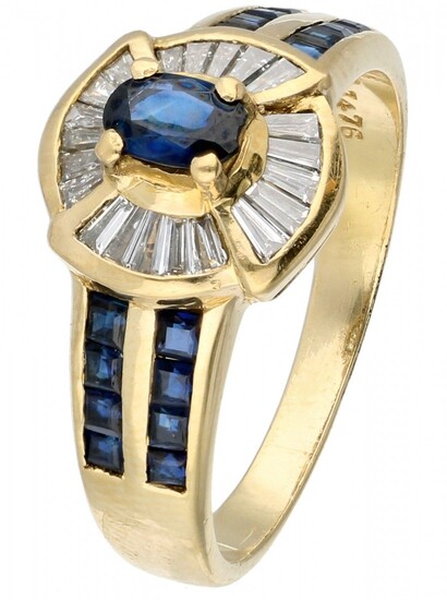 Classic 18K. yellow gold ring set with approx. 0.40 ct. diamond and sapphire.