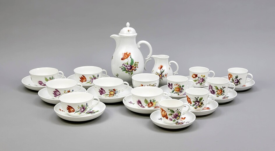 Coffee / tea set for 6 persons, 27 pcs., Nymphenburg, mark 1925-75, polychromatic flower painting, coffee pot, h. 23 cm, milk jug, min. Chip, and sugar, 6 coffee cups with saucers, h. 7 cm, 6 teacups with saucers, H. 6 cm