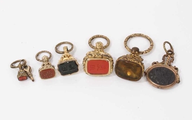 Collection of six antique hard stone seals in gilt metal mounts