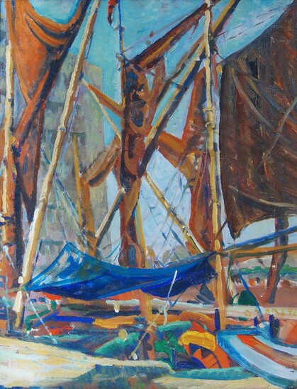 Continental School, mid-20th century- Moored sailing boats in a harbour; oil on board, 78.5 x 59.5 cm